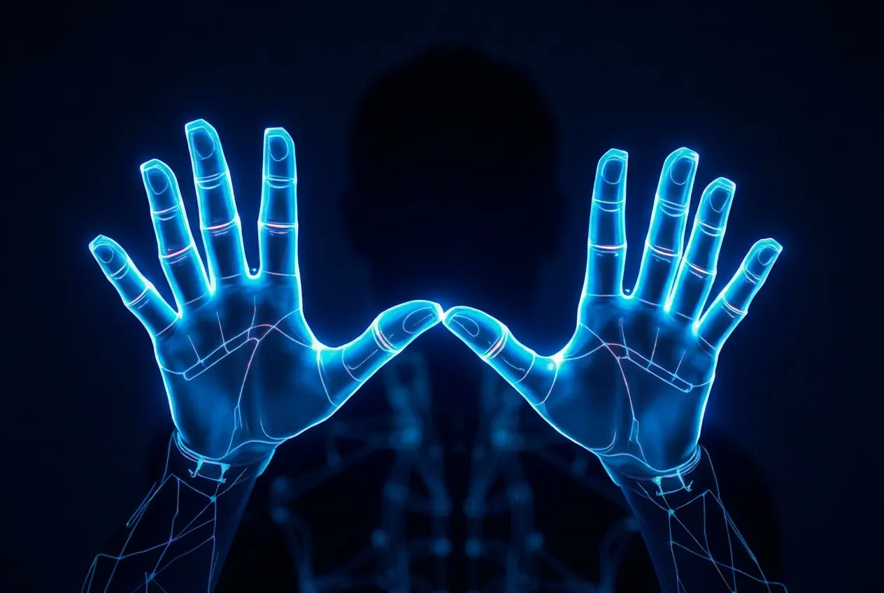 Wireframe avatar mid sign-language gesture