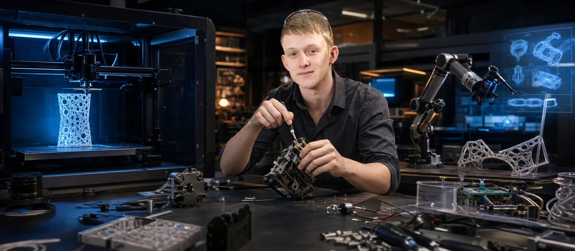 James Huckle assembling a prototype beside a 3D printer in a modern fabrication lab